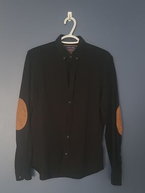Zara Black Button-Down Shirt with Tan Elbow Patches